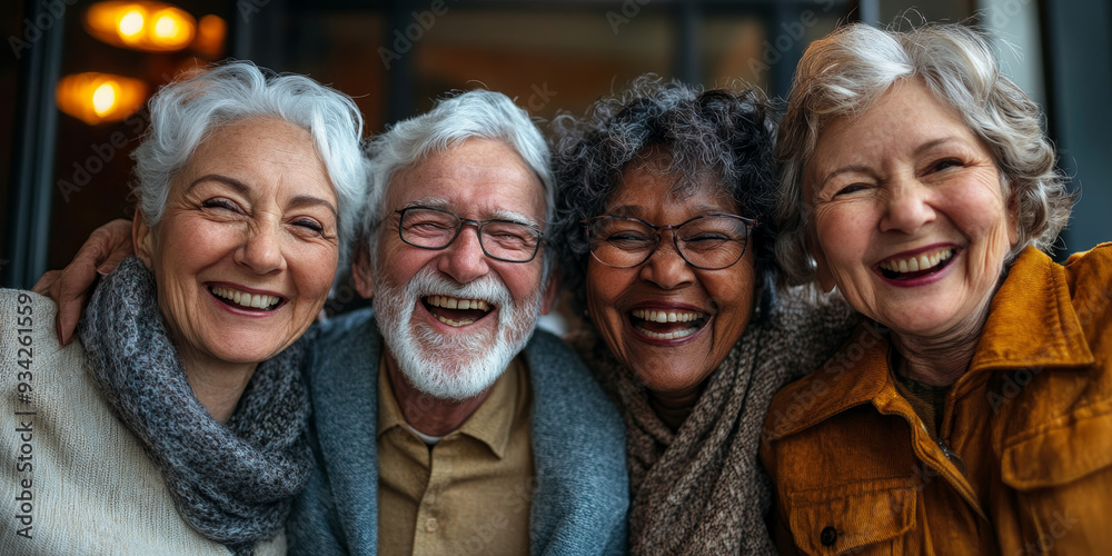 Low angle view of cheerful elderly people laughing with joy, Generative AI Low angle view of cheerful elderly people laughing with joy, Generative AI