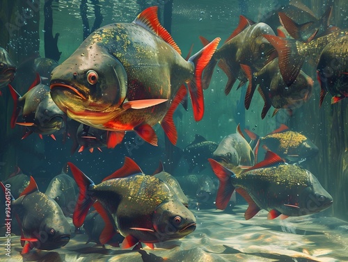 Swarm of Aggressive Piranhas Converging in Tropical Lagoon Crimson Fins Slicing Through Brackish Water photo