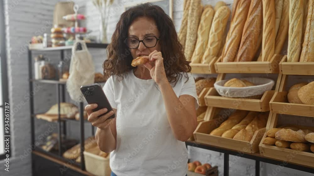 Woman eating pastry while using smartphone in a bakery filled with various types of bread and pastries Woman eating pastry while using smartphone in a bakery filled with various types of bread and pastries