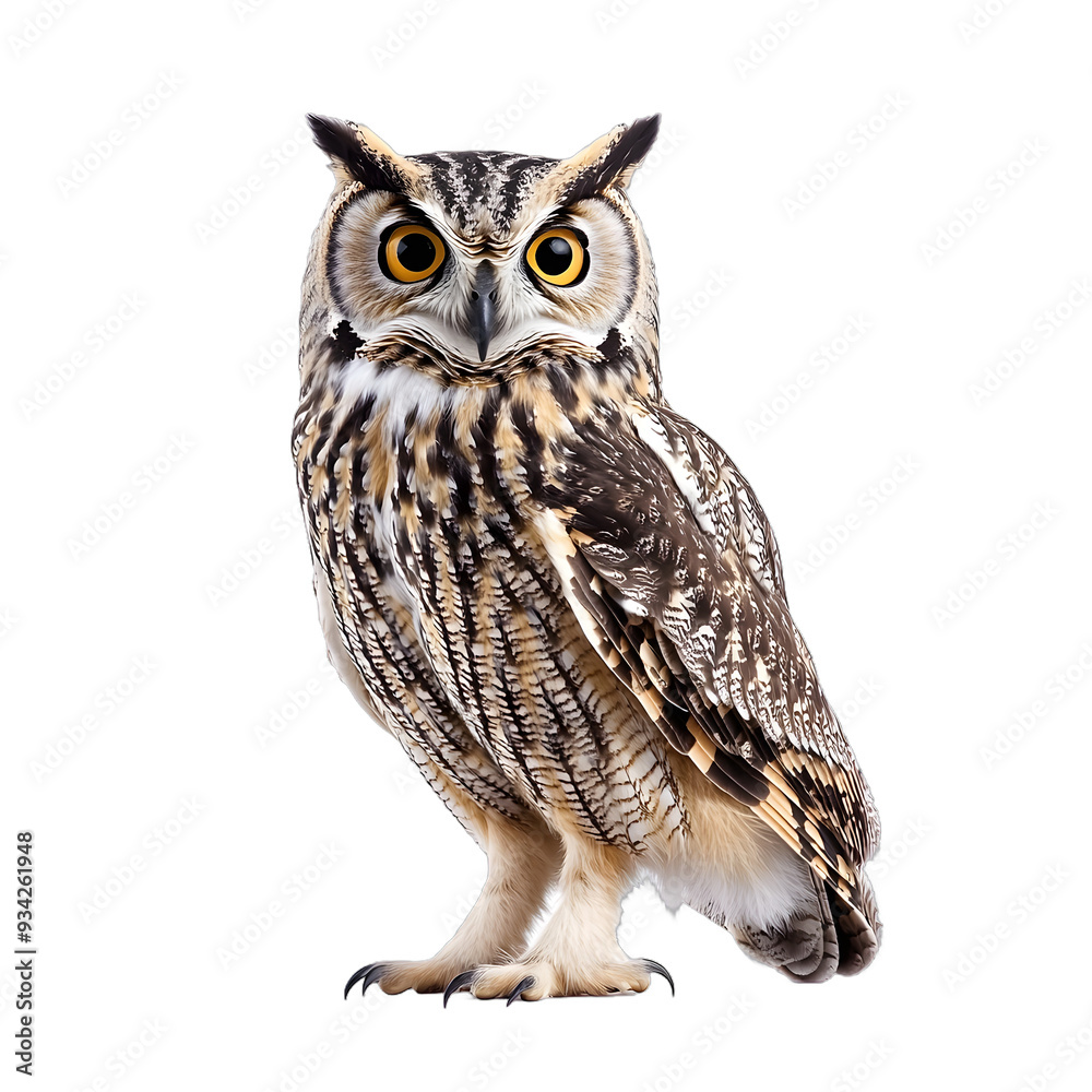 Naklejka premium [Transparent Background PNG]Eurasian Eagle Owl With Yellow Eyes On White Background