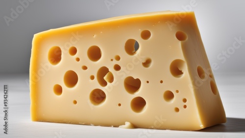 Close-up of a piquant cheese with distinctive holes likely a Swiss variety on a simple backdrop.