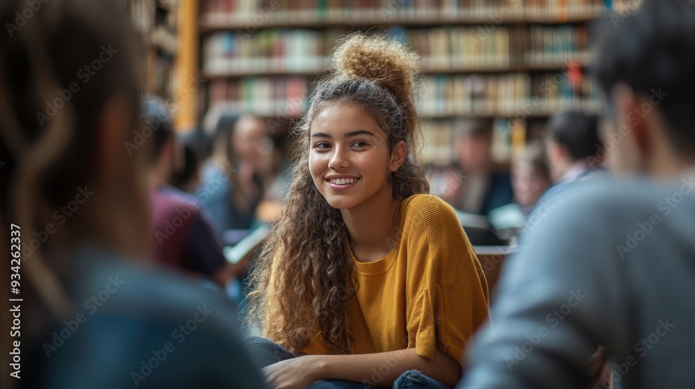 Diverse group of young people chatting in college library Diverse group of young people chatting in college library