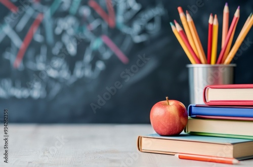 Colorful pencils and an apple on a stack of books against a blue background