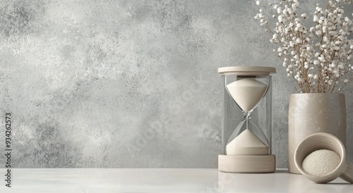 Red apple, hourglass, and sugar displayed against a textured gray background ...