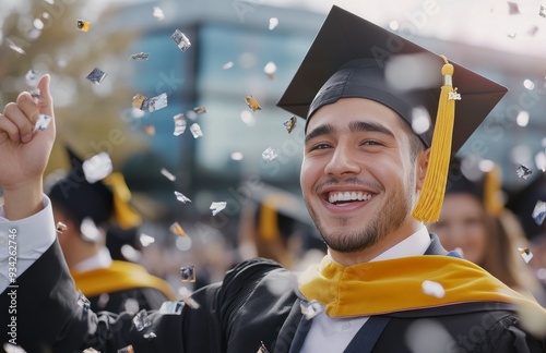 Graduate celebrating with a fist pump during the ceremony at a university cam...