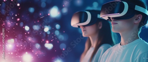 People engaging in virtual reality experience with colorful light background