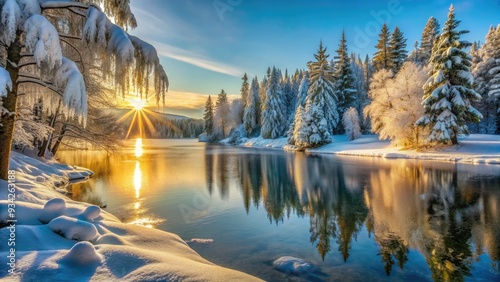 Serene winter landscape featuring a majestic frozen lake, shimmering icicles, and frosty evergreen trees bathed in soft, warm sunlight amidst a tranquil atmosphere. photo