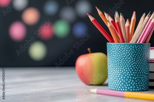 Fresh red apple sits on stacked notebooks in a classroom with colorful pencil...