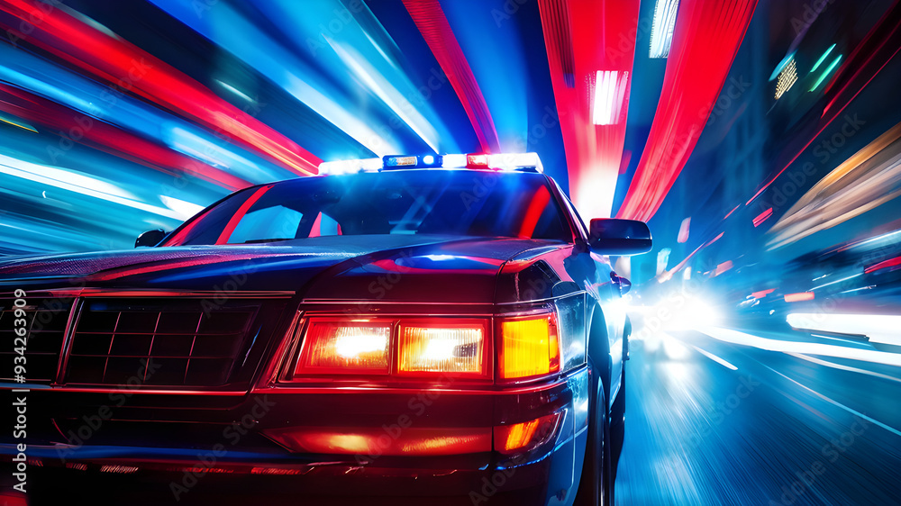 Police Car Driving Fast City Highway Street Law Enforcment Guard Traffic Control Security Criminal Arrest Defense Nighttime Light Streaks Police Car Driving Fast City Highway Street Law Enforcment Guard Traffic Control Security Criminal Arrest Defense Nighttime Light Streaks