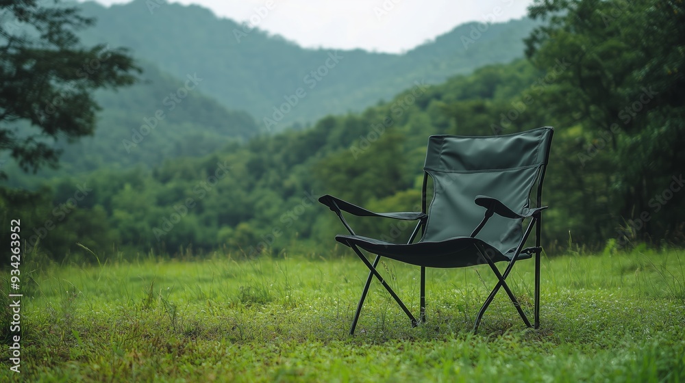 A solitary camp chair placed in a tranquil green meadow with distant mountains on a cloudy day A solitary camp chair placed in a tranquil green meadow with distant mountains on a cloudy day