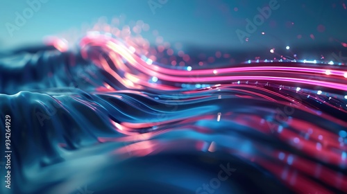 A closeup of an underwater internet cable s fiber optic strands, shining with multicolored light, surrounded by swirling ocean currents, intricate and detailed