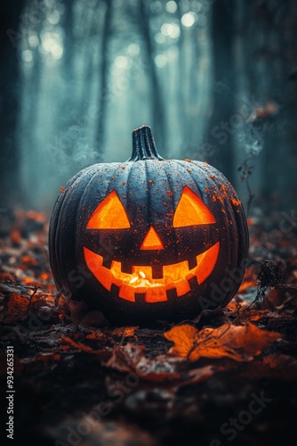Spooky carved pumpkin glowing in a misty forest during autumn
