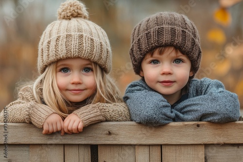 Adorable siblings sitting on wooden box outdoors, Generative AI photo