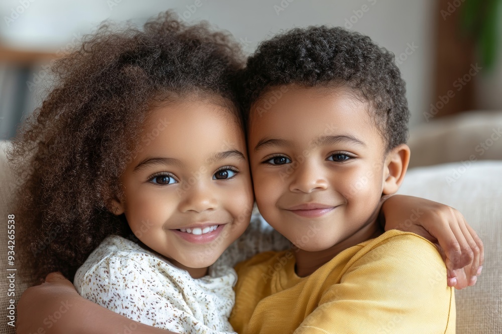 Happy African American siblings embracing, sitting together on couch at home in living room, little preschooler girl hug toddler adorable boy, good relations between sister and brother, Generative AI Happy African American siblings embracing, sitting together on couch at home in living room, little preschooler girl hug toddler adorable boy, good relations between sister and brother, Generative AI