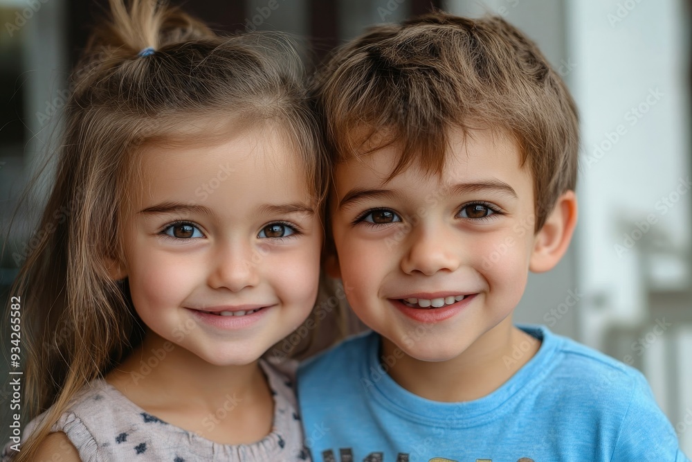 close up portrait of cheerful little girl and boy, Generative AI close up portrait of cheerful little girl and boy, Generative AI