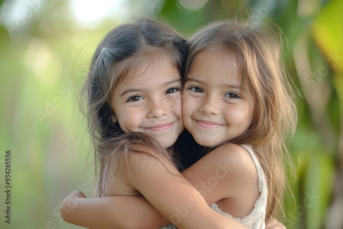 Love, kids and girls hug in nature outdoors while siblings happy bonding together. Portrait of children, best friends smile and relax happiness outdoors for healthy peaceful lifestyle, Generative AI photo