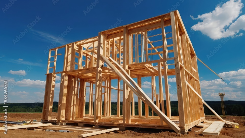 Idea of a wooden house structure under construction with a vivid blue sky background. rendering in three dimensions. Idea of a wooden house structure under construction with a vivid blue sky background. rendering in three dimensions.