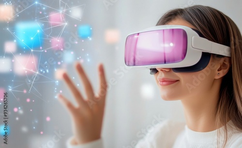 Woman engaging with virtual reality in a bright, modern room during the day
