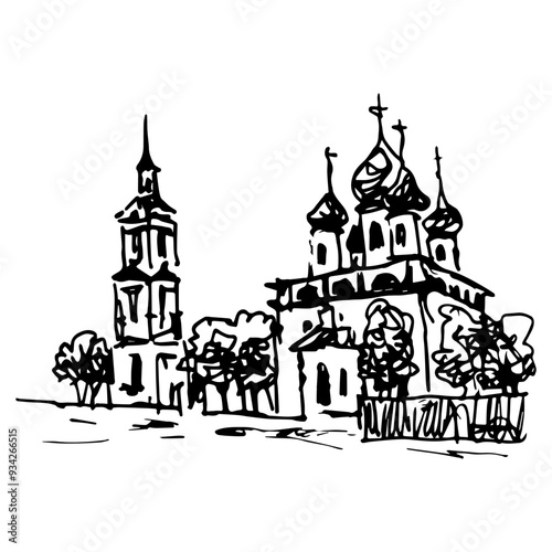 Temple of Transfiguration of the Lord in old Russian town Puchezh. Orthodox temple. Hand drawn linear doodle rough sketch. Black and white silhouette.