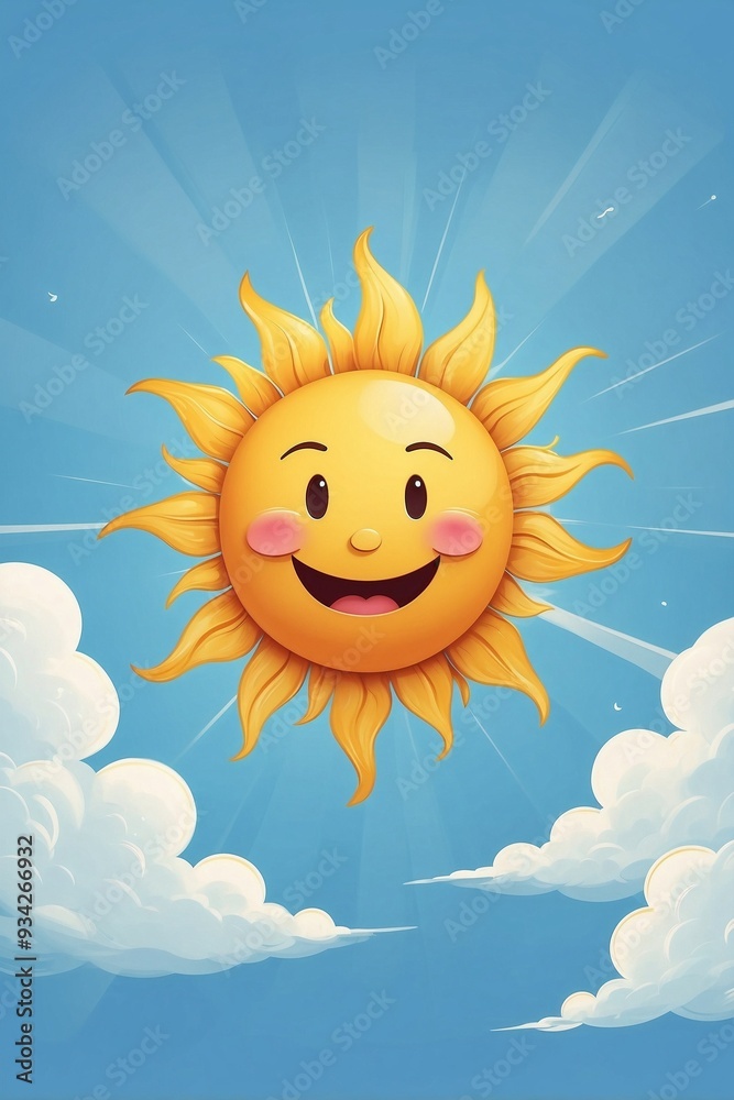 Smiling Cute Sun on Blue Sky Background Smiling Cute Sun on Blue Sky Background