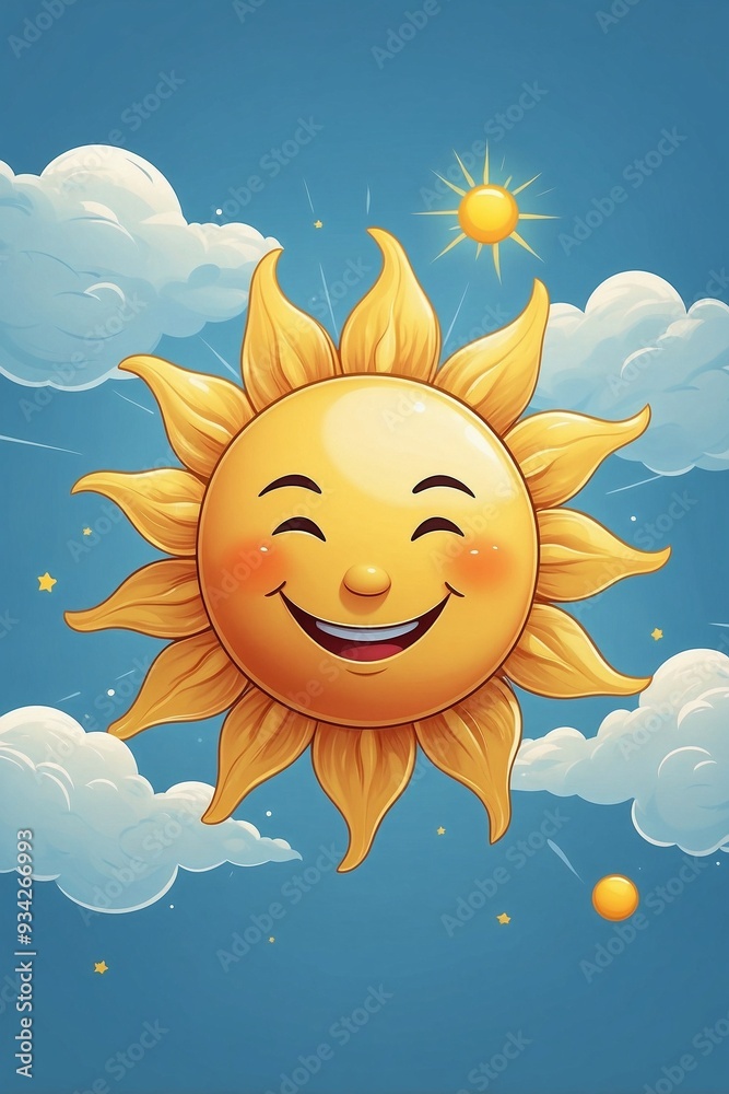 Smiling Cute Sun on Blue Sky Background Smiling Cute Sun on Blue Sky Background