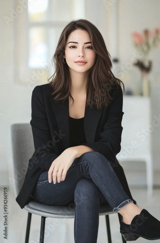 Young woman in a stylish black blazer seated in a chic salon with soft lighting