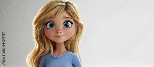 Charming 3D cartoon girl with blonde hair on a white backdrop
