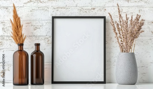 Minimalist decor featuring vases and a blank frame against a brick wall in na...