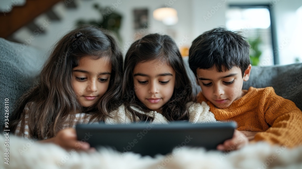 Shallow focus of thre South Asian siblings watching videos on a tablet at home, Generative AI Shallow focus of thre South Asian siblings watching videos on a tablet at home, Generative AI