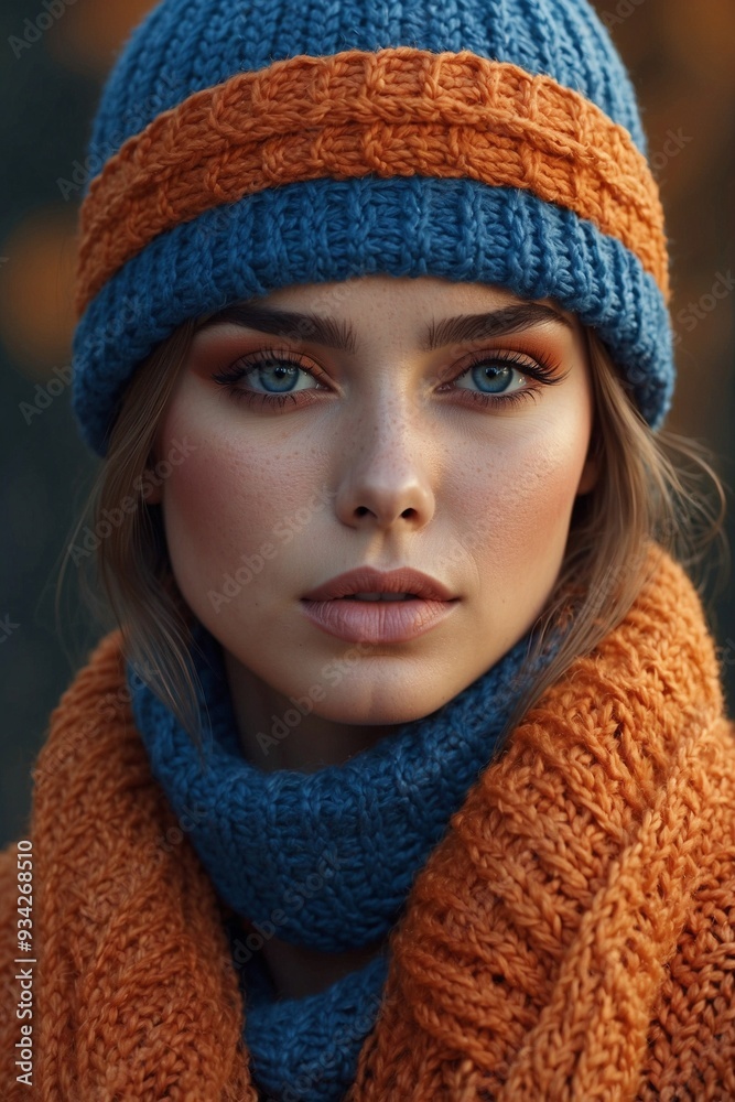 Woman in an Orange Sweater and Blue Autumn Hat Radiating Style and Confidence with Beautiful Makeup