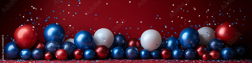 Red, white, and blue party decorations with an American flag on a red background. Suitable for patriotic events and celebrations. Red, white, and blue party decorations with an American flag on a red background. Suitable for patriotic events and celebrations.