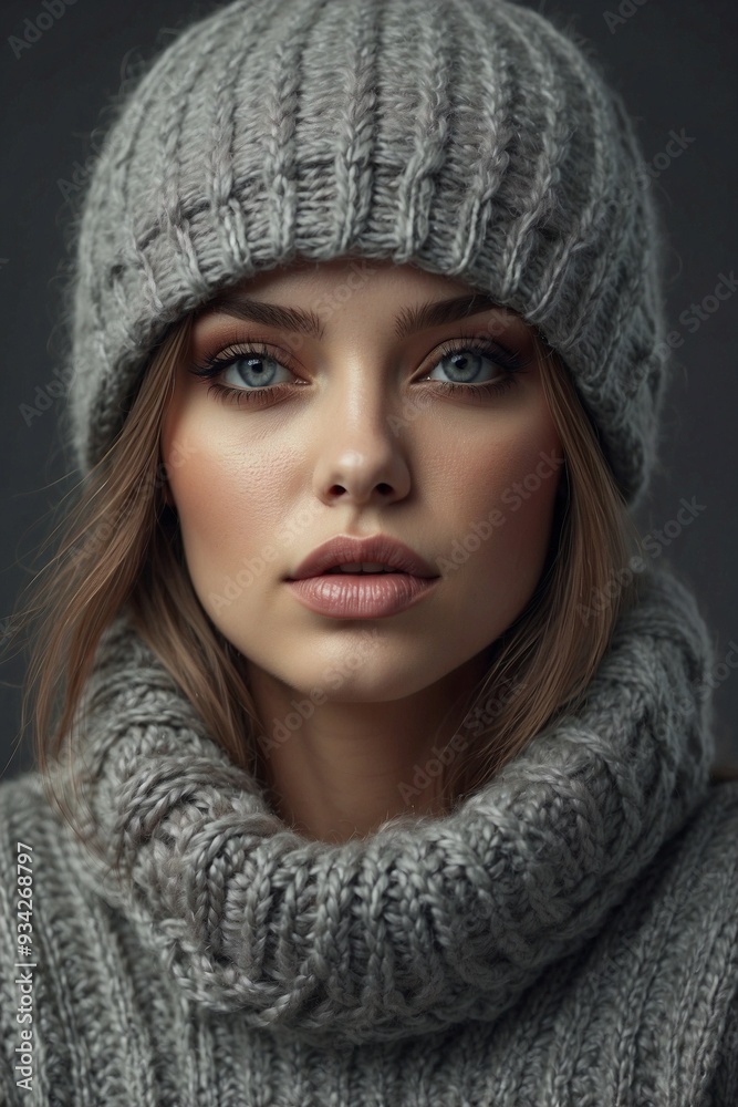 Woman in a Knitted Sweater and Autumn Hat in Gray Tones Creating a Stylish Autumn Look Woman in a Knitted Sweater and Autumn Hat in Gray Tones Creating a Stylish Autumn Look