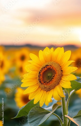 Sunflowers blooming in a vibrant field during sunset