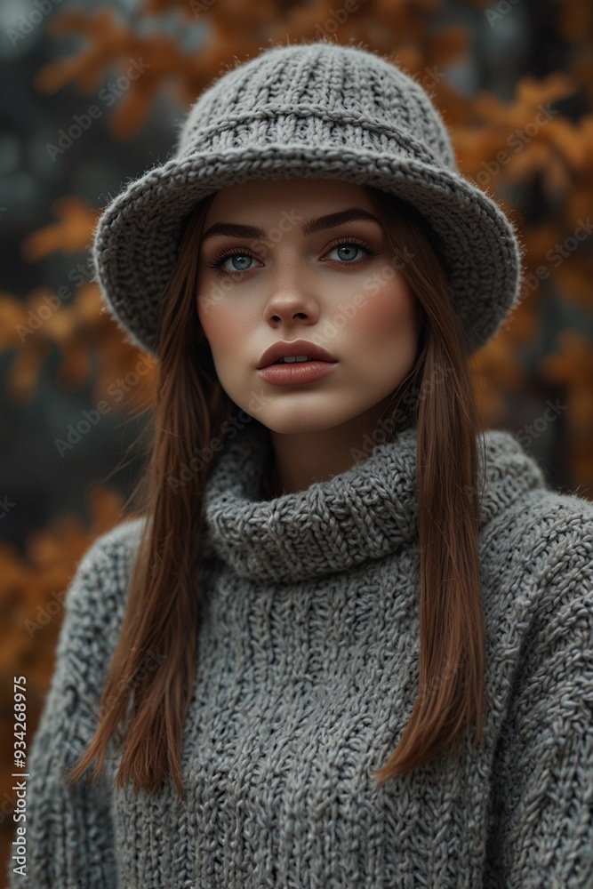 Woman in a Knitted Sweater and Autumn Hat in Gray Tones Creating a Stylish Autumn Look