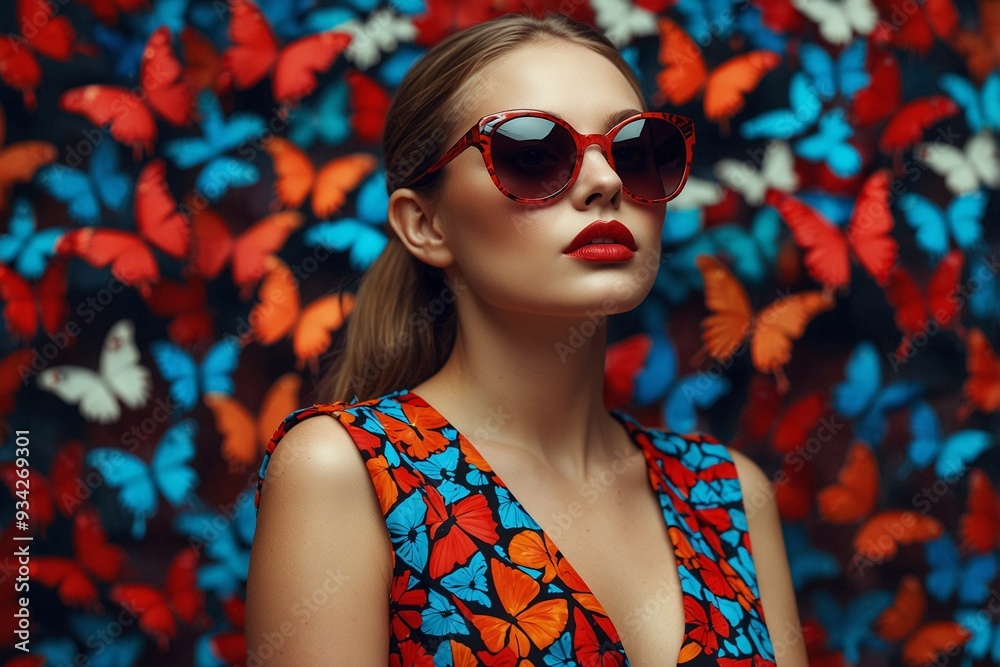 Woman in a Colorful Butterfly Dress and Sunglasses Surrounded by Butterflies, Striking Advertising Photograph