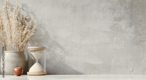 Red apple, hourglass, and sugar displayed against a textured gray background ...