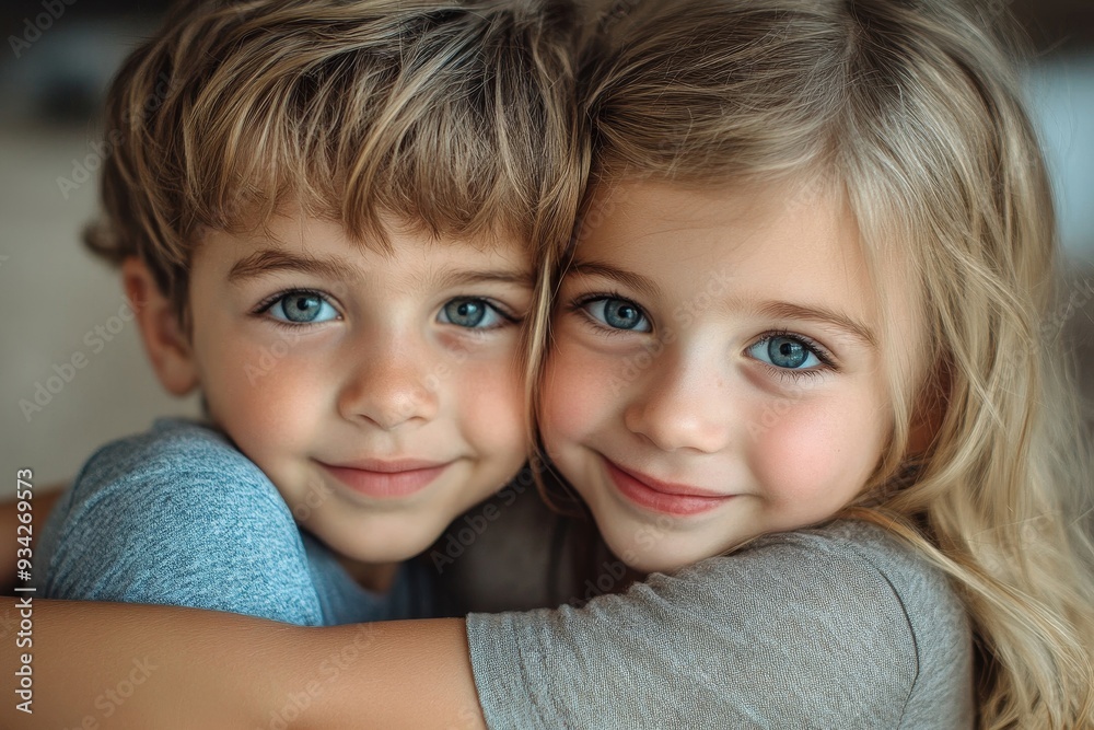 Happy young brother and sister hugging, Generative AI Happy young brother and sister hugging, Generative AI