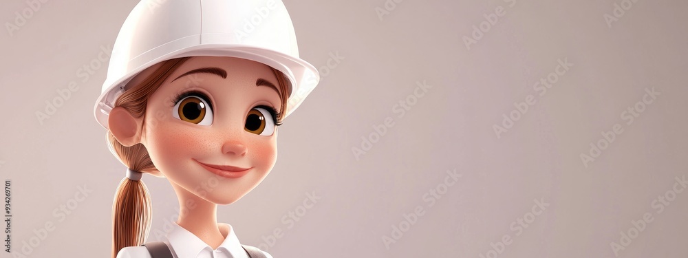 Cheerful 3D cartoon of a lovely industrial engineer lady in a white hard hat standing confidently and gazing at the viewer Cheerful 3D cartoon of a lovely industrial engineer lady in a white hard hat standing confidently and gazing at the viewer