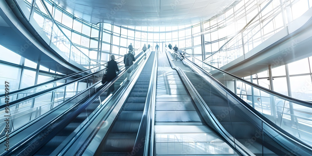 Modern Escalator in a Glass Building with People Modern Escalator in a Glass Building with People