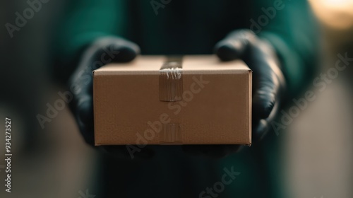 An image showing a close-up of hands in dark gloves holding a small, neatly wrapped package, against an indistinct background, implying careful handling and delivery service. photo