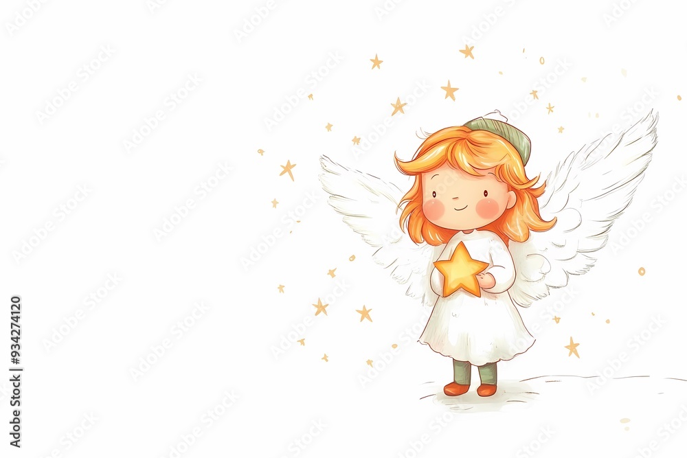 Whimsical Angel Embracing a Shimmering Star. Festive Christmas Illustration with Copy Space. Whimsical Angel Embracing a Shimmering Star. Festive Christmas Illustration with Copy Space.