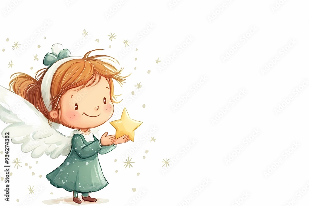 Cherubic Angel in Green Dress with Golden Hair and Star on White Background with Copy Space. A Serene Christmas Illustration. Holiday Banner
