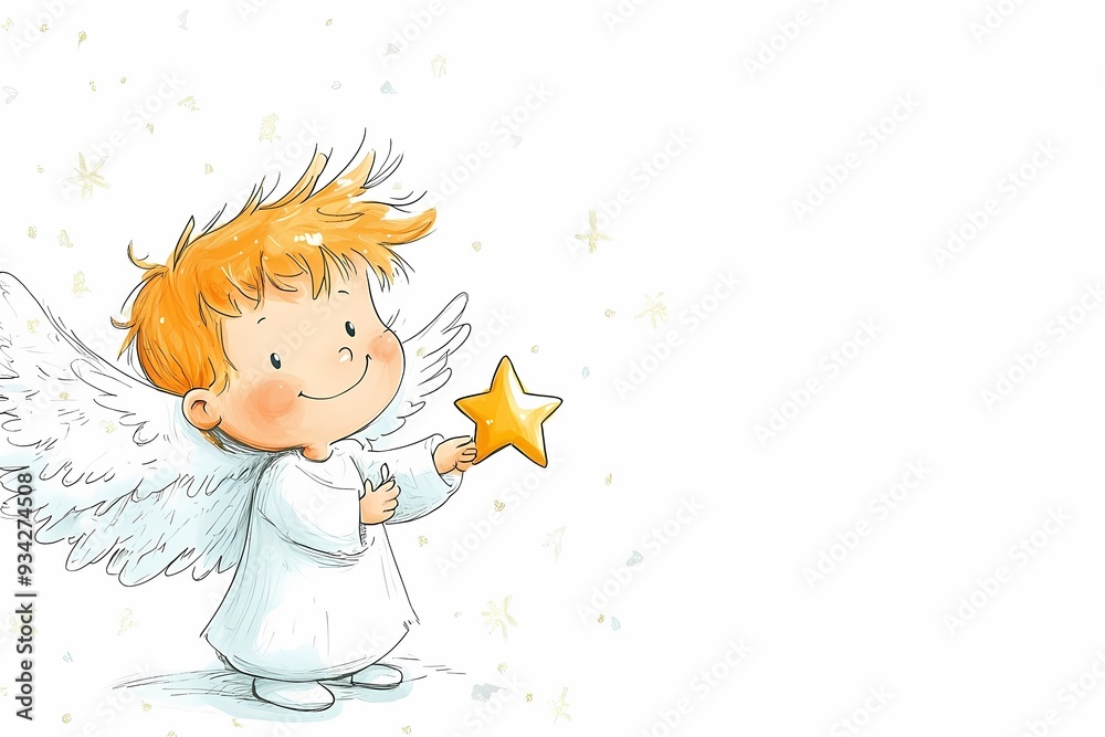 Golden Haired Angel with Glowing Stars on White Background with Copy Space. Christmas Blessing Greeting Card, Flyer, Holiday Banner Golden Haired Angel with Glowing Stars on White Background with Copy Space. Christmas Blessing Greeting Card, Flyer, Holiday Banner