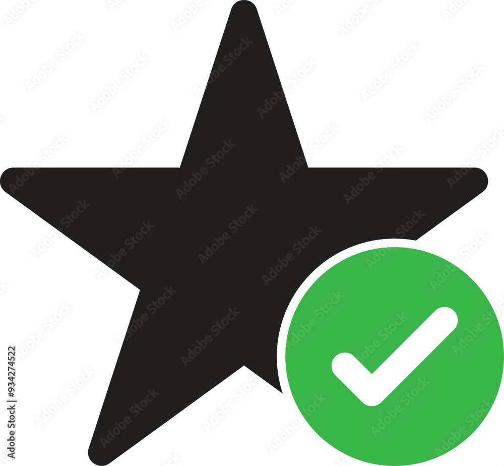Star with checkmark icon . Star favorite sign with green tick icon . Review star icon . Vector illustration Star with checkmark icon . Star favorite sign with green tick icon . Review star icon . Vector illustration