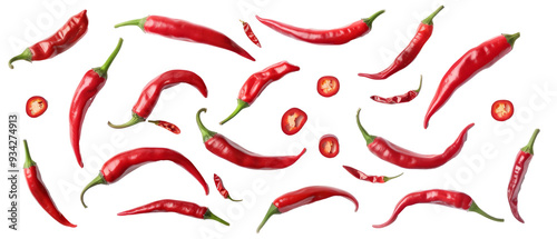Set of isolated red hot peppers and pepper slices on transparent background. cut flower elements, garden themed designs. Top view high quality PNG.