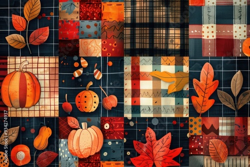 patchwork quilt - inspired illustration featuring Thanksgiving elements, using colorful fabric patterns to create a cozy and comforting design photo