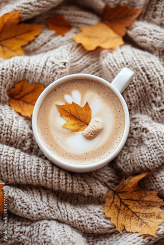 Warm cup of coffee with autumn leaves on a cozy knit blanket in fall