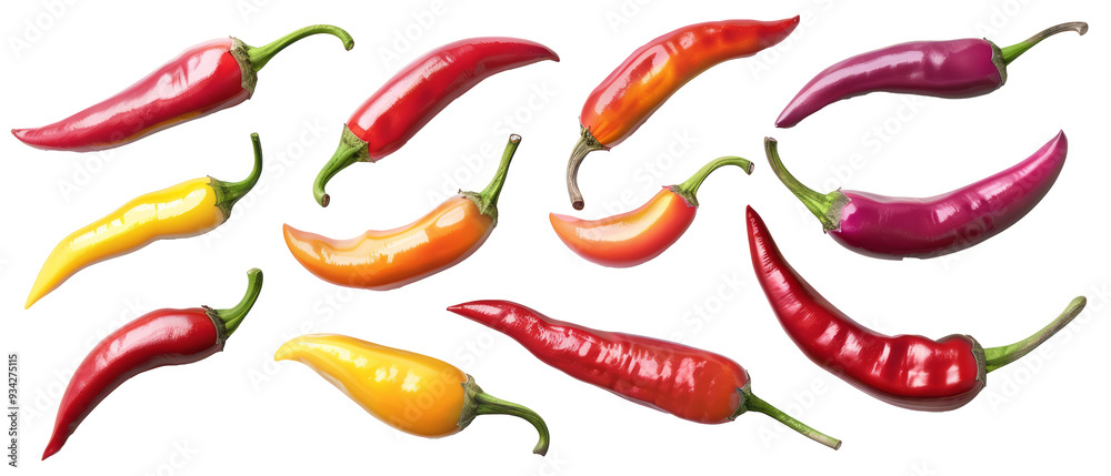 Set of isolated red, yellow, orange pointed pepper set on transparent background. cut flower elements, garden themed designs. Top view high quality PNG. Set of isolated red, yellow, orange pointed pepper set on transparent background. cut flower elements, garden themed designs. Top view high quality PNG.