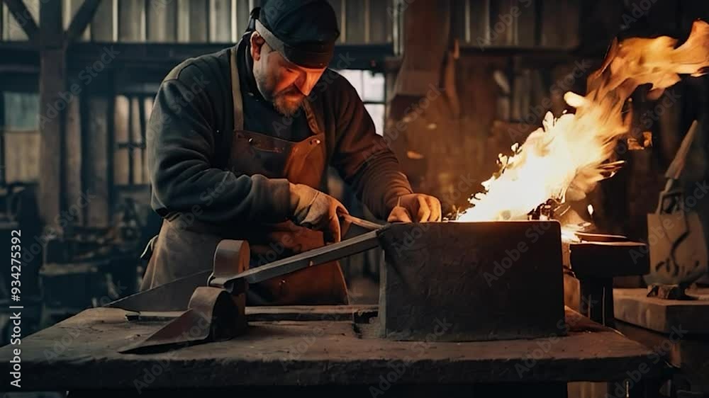 Blacksmith Working with Metal and Fire in a Workshop