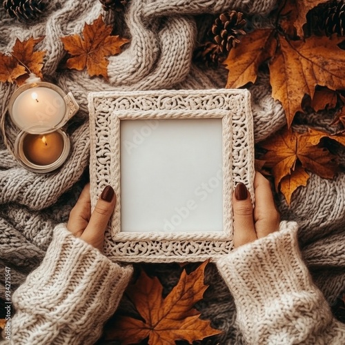 Wooden frame surrounded by autumn leaves and pinecones on a rustic wooden sur...